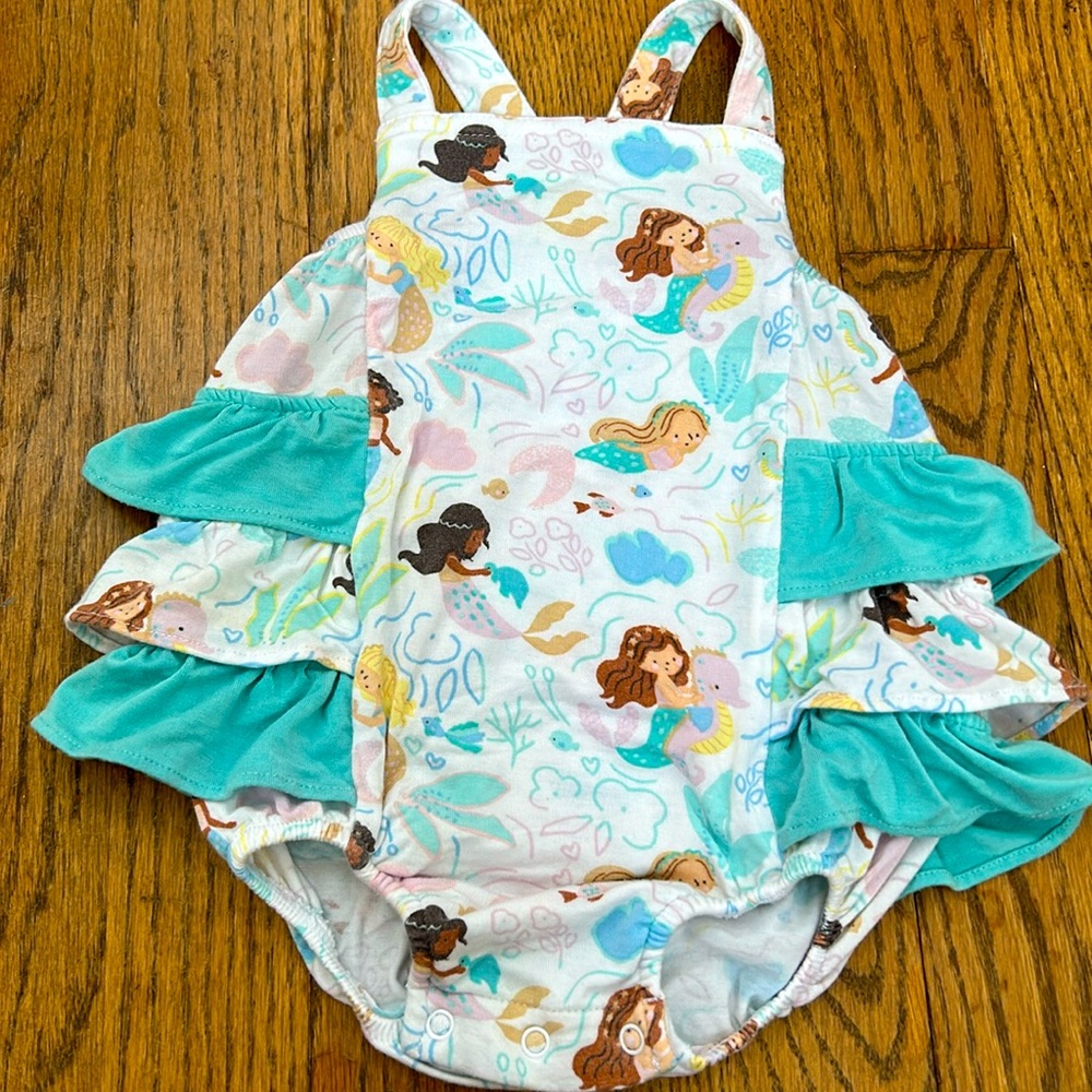 Angel dear magical mermaid bamboo sunsuit bubble romper ruffle outfit size 3/6m